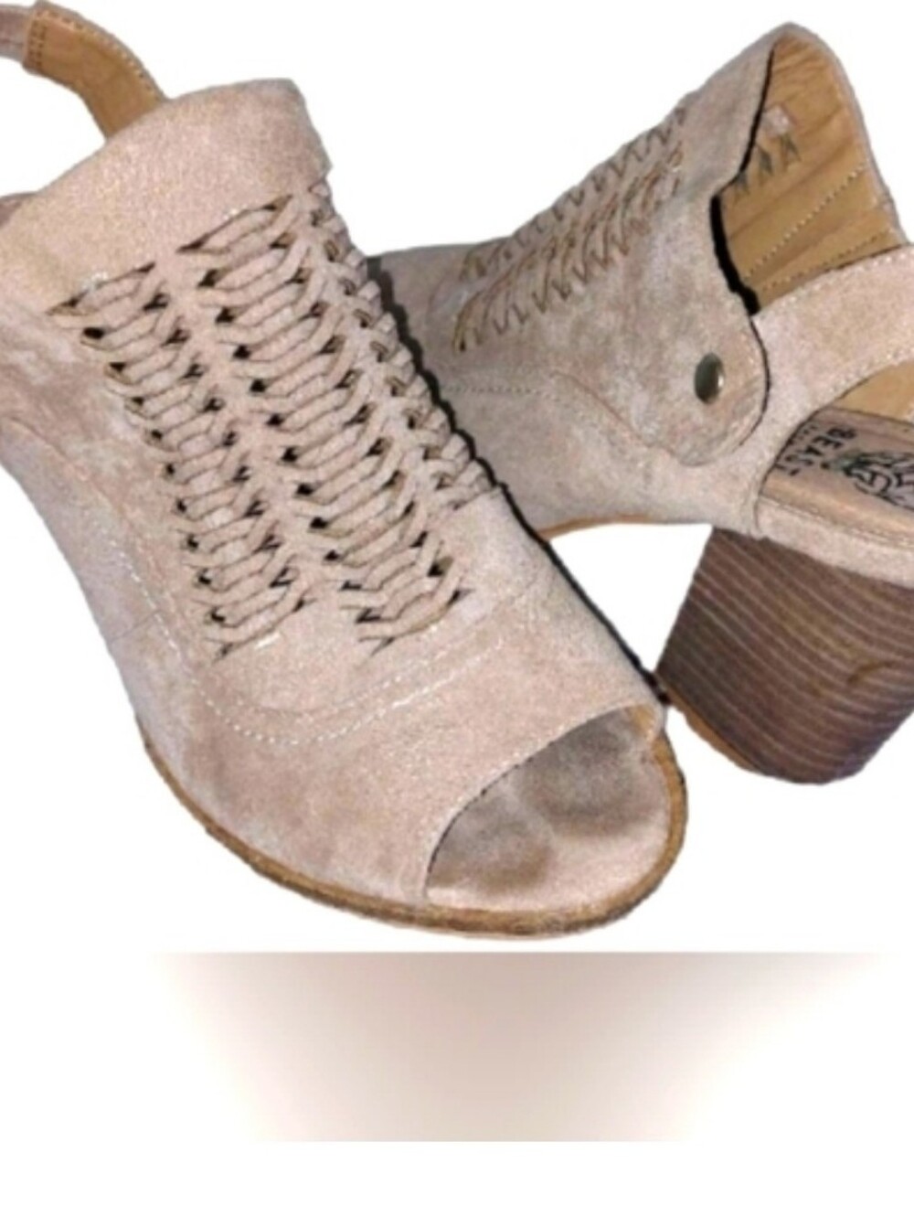 BEAST FASHION Woven Peep-Toe Suede Block Heel Sandals - Beige Size: 7